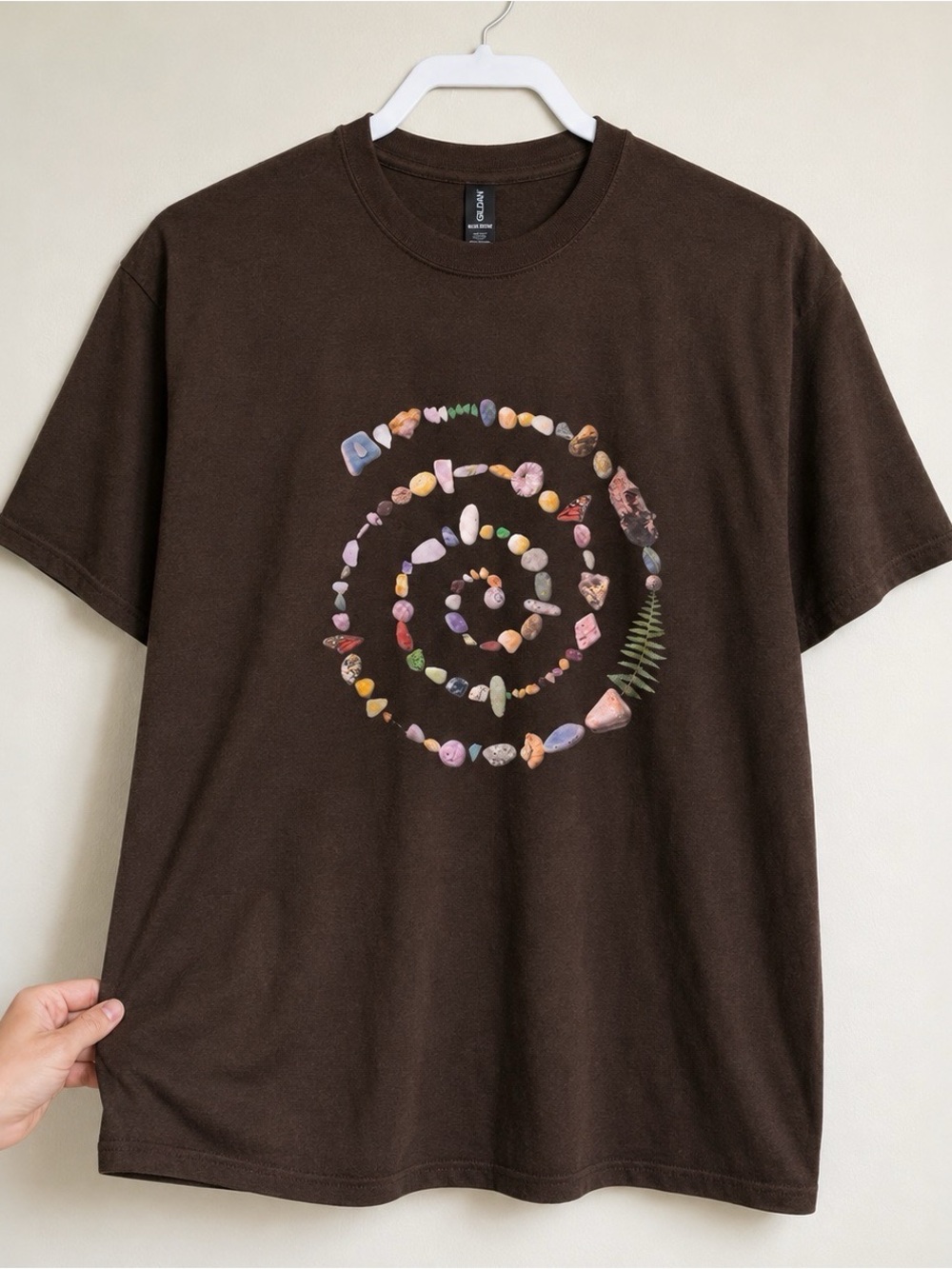 Gildan Brown Short Sleeve Tee with Multicolor Spiral Stones Graphic
